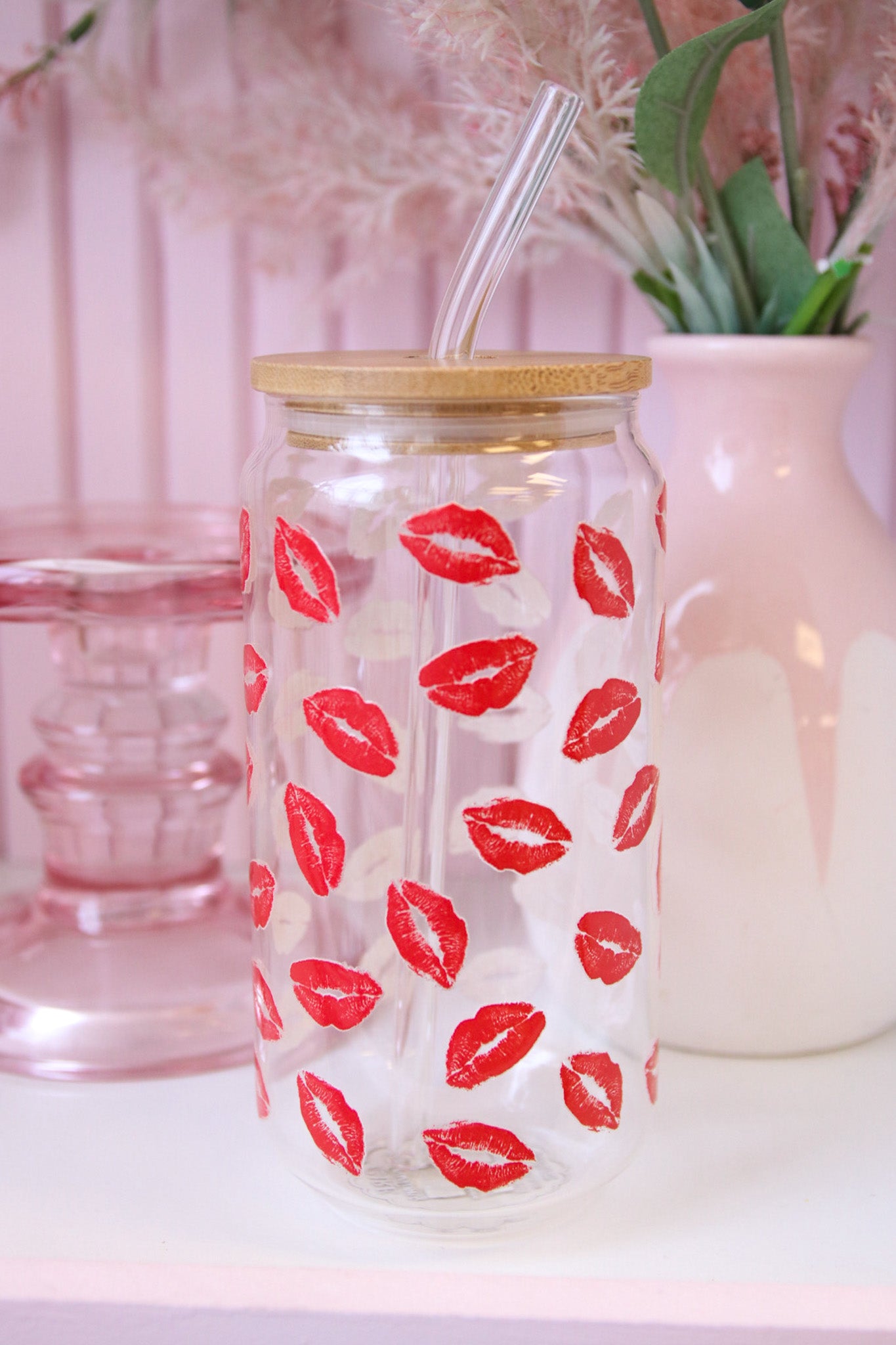 Kisses Can Glass with Bamboo Lid and Straw