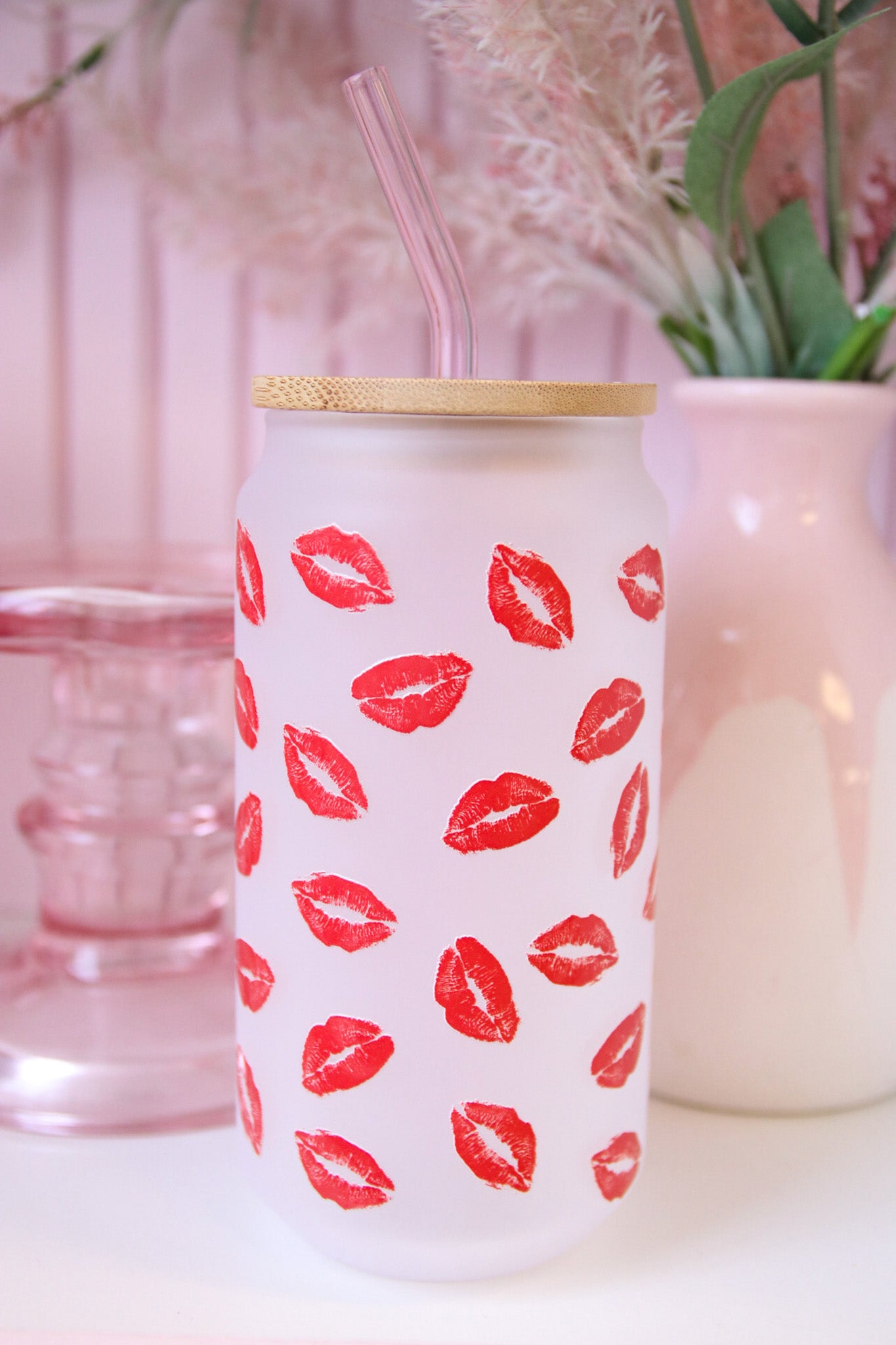 Kisses Can Glass with Bamboo Lid and Straw